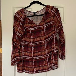 Talbots Burgundy Plaid V-Neck Long-Sleeve Blouse
